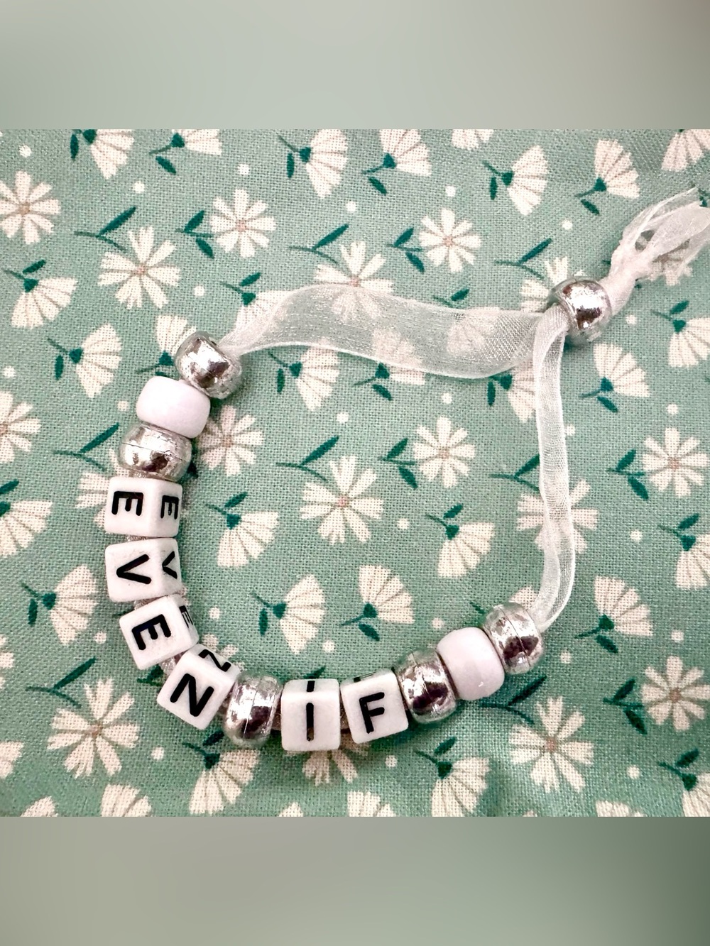 Religious “Even If” Beaded Ribbon Bracelet in White and Silver